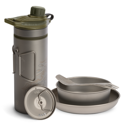 Grayl GeoPress Titanium Filter and Purifier Water Bottle PLUS Strainer Lid – 24 Fluid Ounces & Dining Set/ Cart View / Olive Drab
