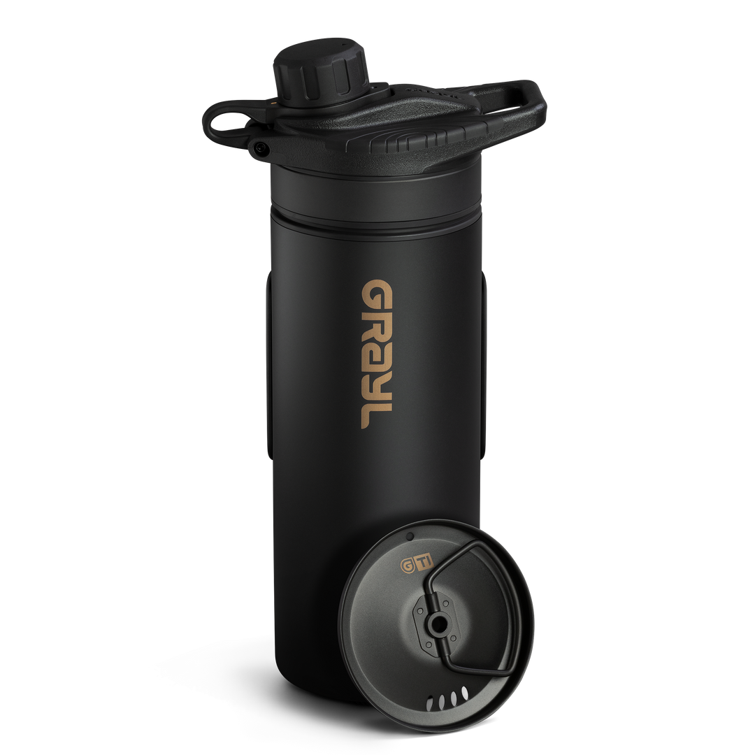 Grayl GeoPress Titanium Filter and Purifier Water Bottle – 24 Fluid Ounces / Cart View / Plus Cook Lid / Black Edition