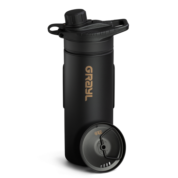 Grayl GeoPress Titanium Filter and Purifier Water Bottle – 24 Fluid Ounces / Cart View / Plus Cook Lid / Black Edition