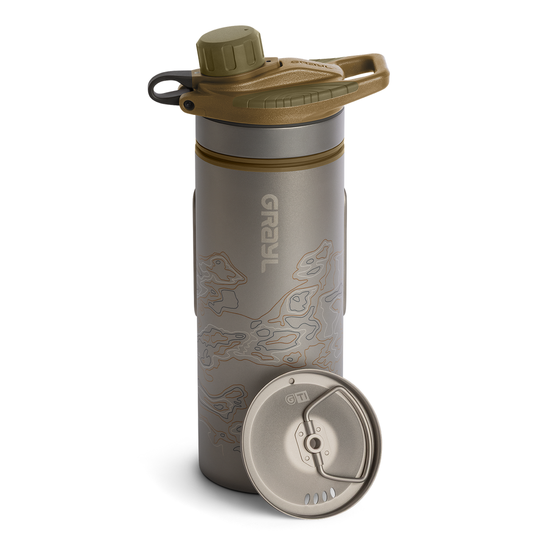Grayl GeoPress Titanium Filter and Purifier Water Bottle PLUS Strainer Lid – 24 Fluid Ounces / Cart View / Plus Cook Lid / Coyote Brown