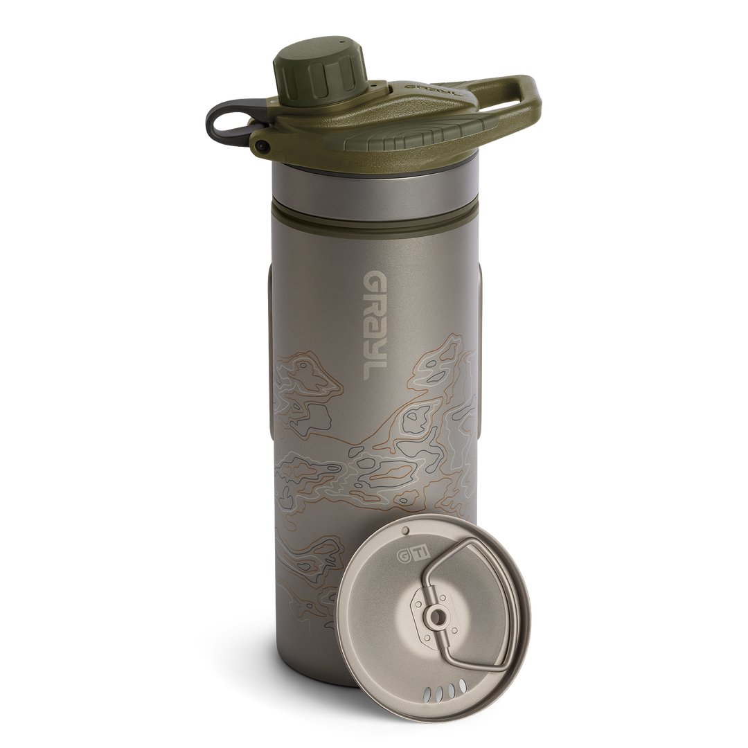 Grayl GeoPress Titanium Filter and Purifier Water Bottle PLUS Strainer Lid – 24 Fluid Ounces / Cart View / Plus Cook Lid / Olive Drab