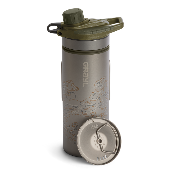 Grayl GeoPress Titanium Filter and Purifier Water Bottle PLUS Strainer Lid – 24 Fluid Ounces / Cart View / Plus Cook Lid / Olive Drab