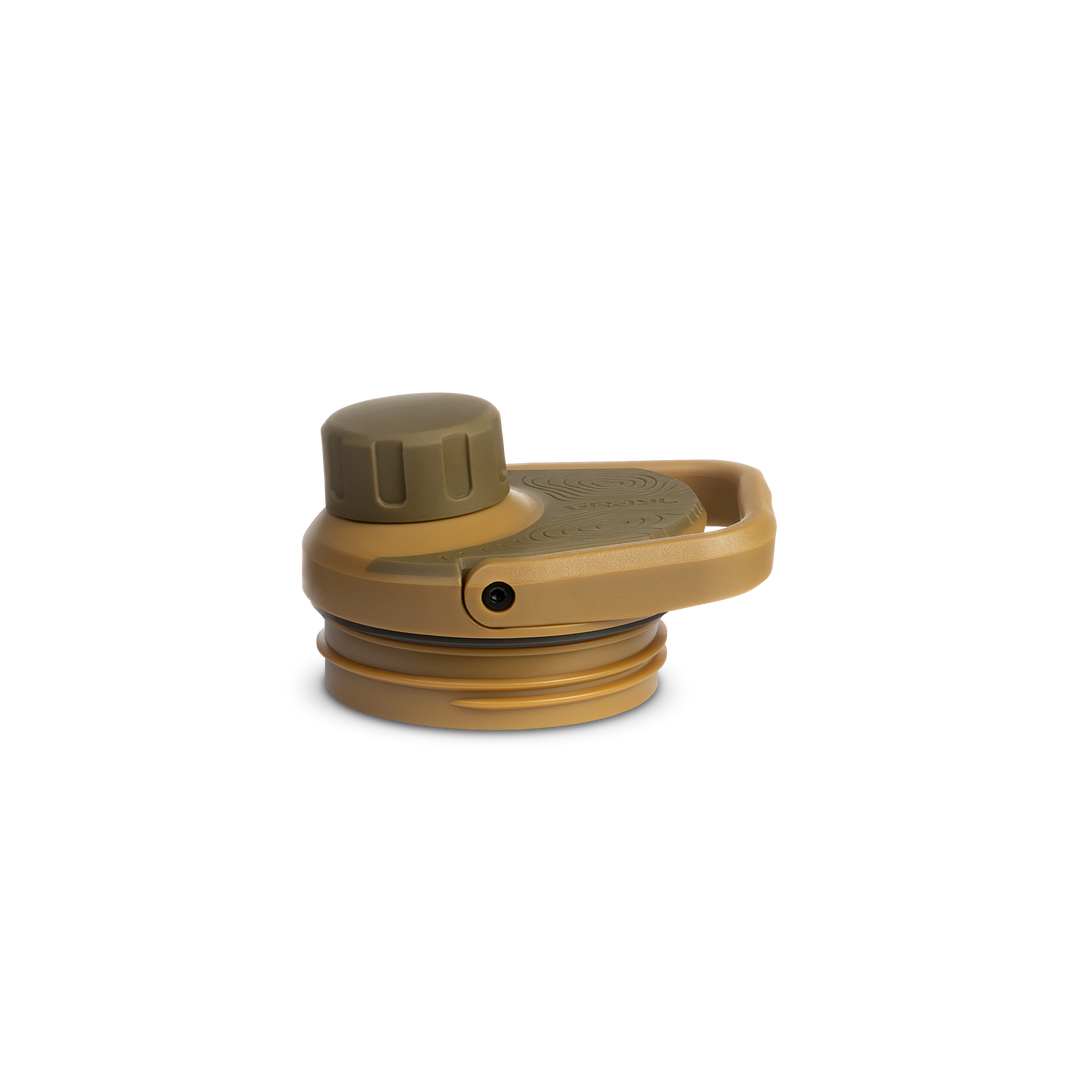 Grayl® UltraPress Titanium Replacement Drink-Thru Cap | FlipCarry Handle Down View / Coyote Brown