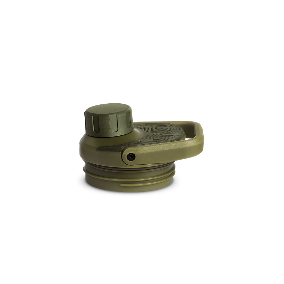 Grayl® UltraPress Titanium Replacement Drink-Thru Cap | FlipCarry Handle Down View / Olive Drab