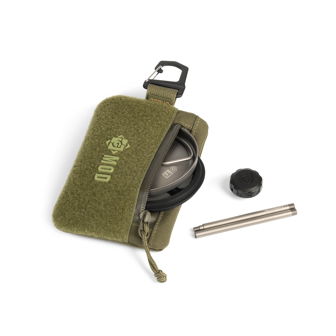 Grayl GeoPress Titanium Coffee Press Kit Disassembled and Stored within Simple Wallet Pouch in Olive Drab / Standard / Natural