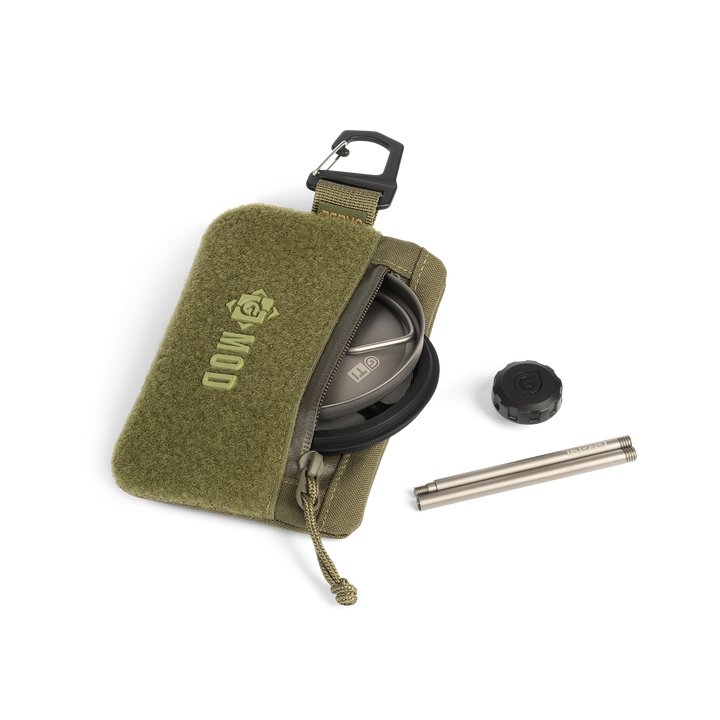 Grayl GeoPress Titanium Coffee Press Kit Disassembled and Stored within Simple Wallet Pouch in Olive Drab / Standard / Natural