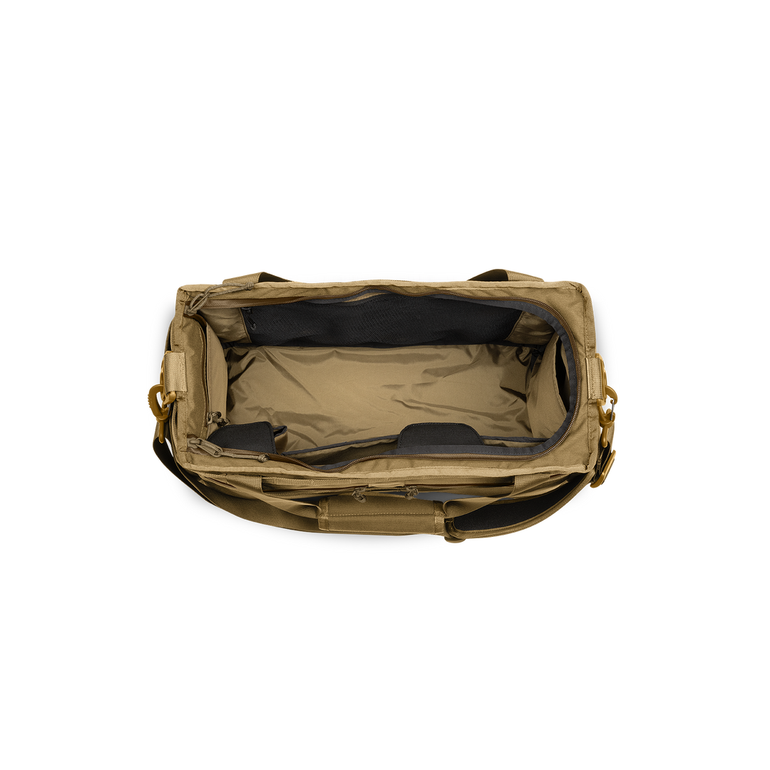 32L Mission Hauler Tote (Coyote Brown) with main compartment open showing Coyote interior and pockets on a white background / Coyote Brown