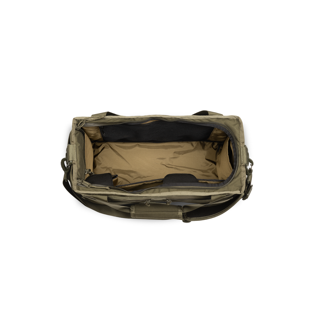 32L Mission Hauler Tote (Olive Drab) with main compartment open showing Coyote interior and pockets on a white background / Olive Drab