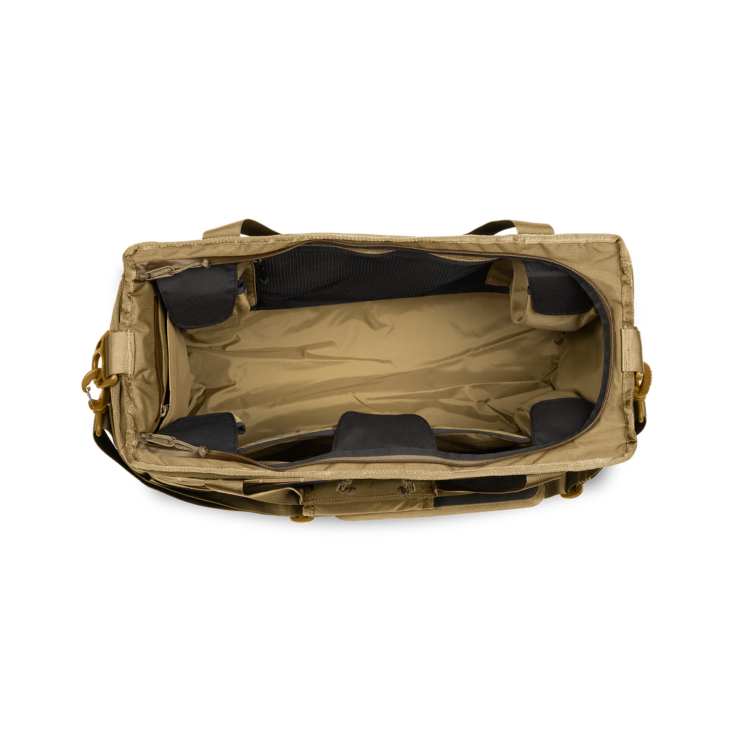 45L Mission Hauler Tote (Coyote Brown) with main compartment open showing Coyote interior and pockets on a white background / Coyote Brown