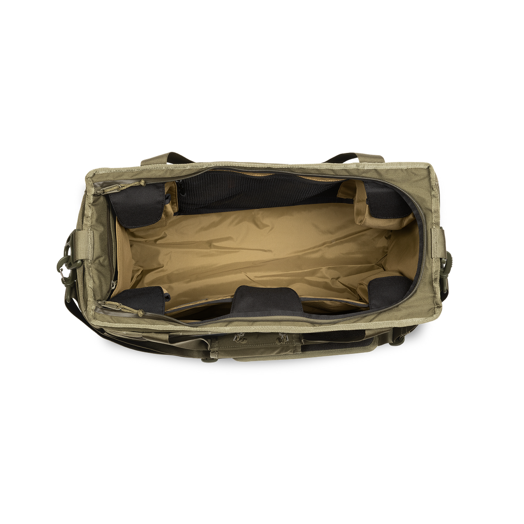 45L Mission Hauler Tote (Olive Drab) with main compartment open showing Coyote interior and pockets on a white background / Olive Drab