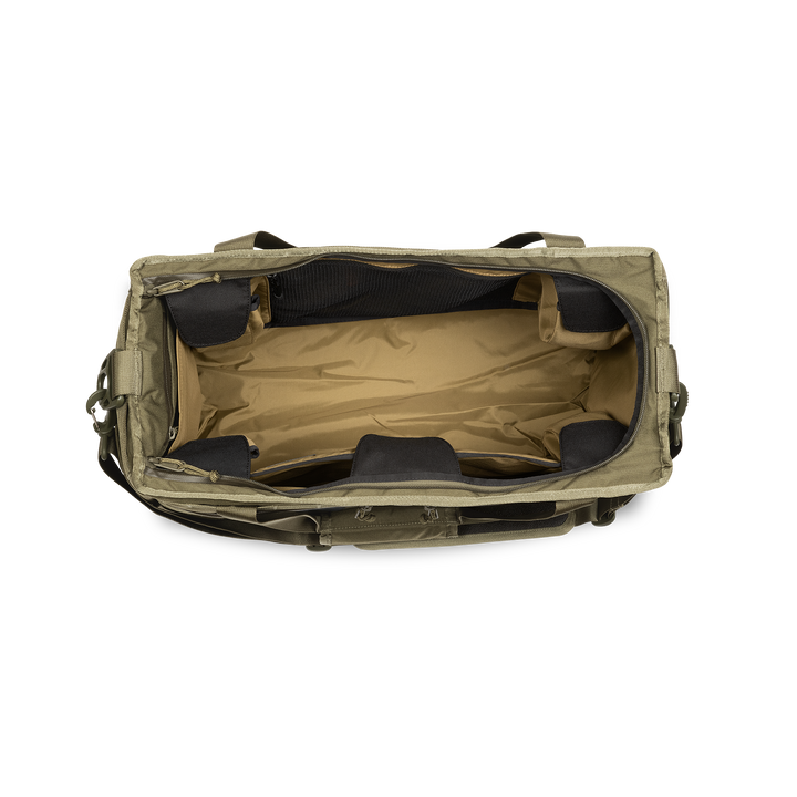 45L Mission Hauler Tote (Olive Drab) with main compartment open showing Coyote interior and pockets on a white background / Olive Drab