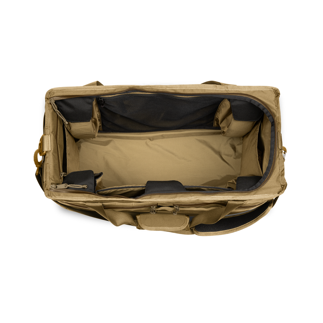58L Mission Hauler Tote (Coyote Brown) with main compartment open showing Coyote interior and pockets on a white background / Coyote Brown