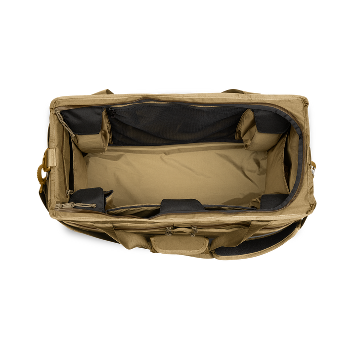 58L Mission Hauler Tote (Coyote Brown) with main compartment open showing Coyote interior and pockets on a white background / Coyote Brown