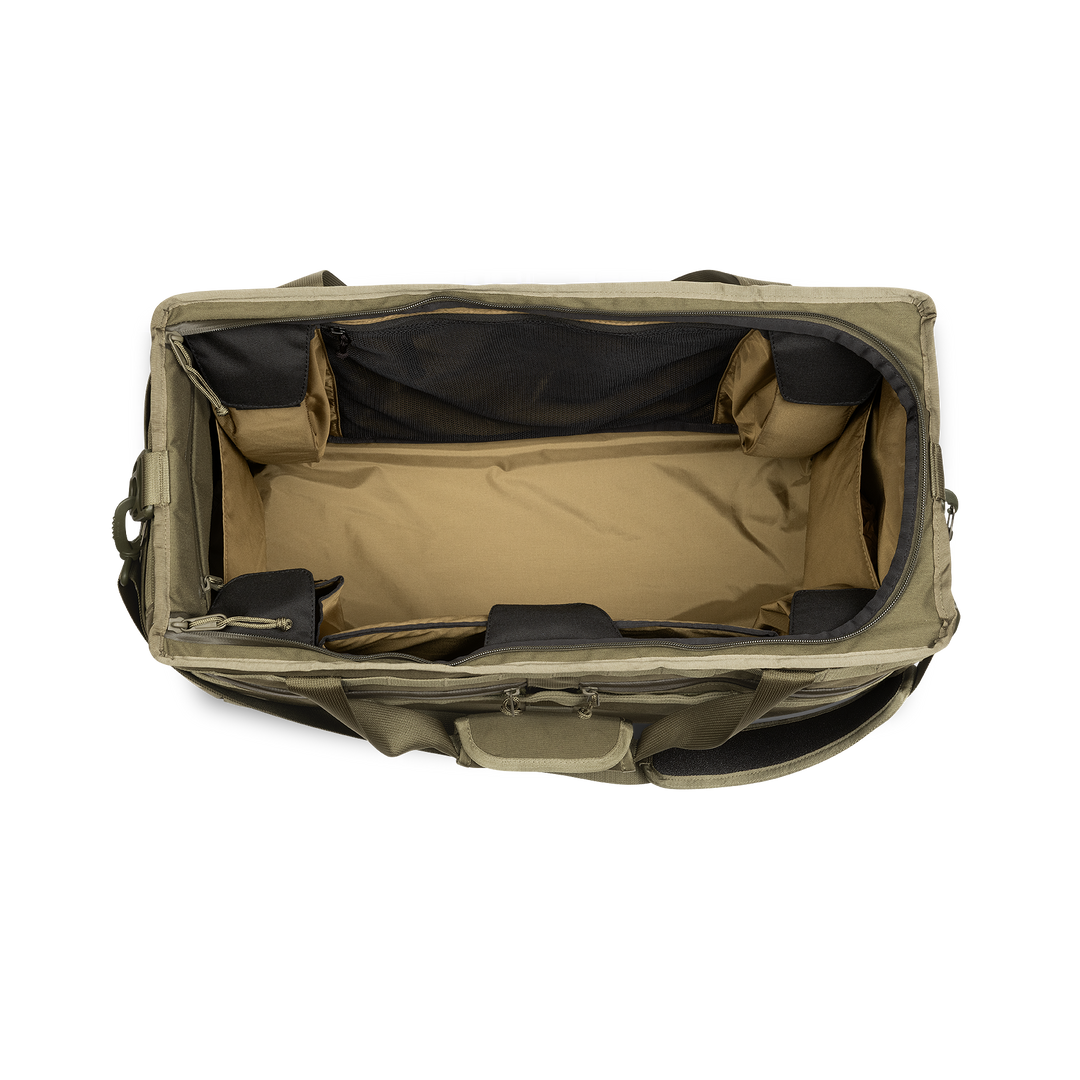 58L Mission Hauler Tote (Olive Drab) with main compartment open showing Coyote interior and pockets on a white background / Olive Drab