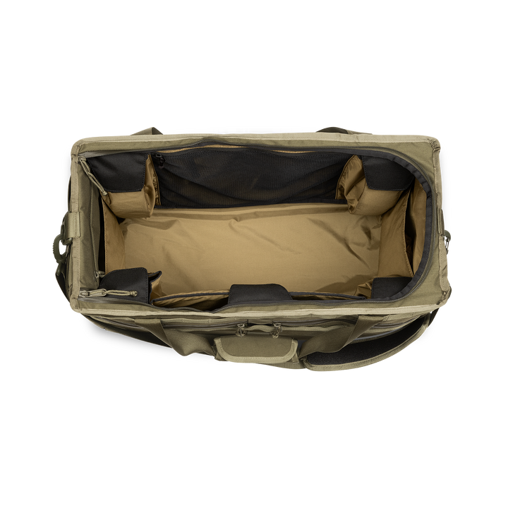 58L Mission Hauler Tote (Olive Drab) with main compartment open showing Coyote interior and pockets on a white background / Olive Drab