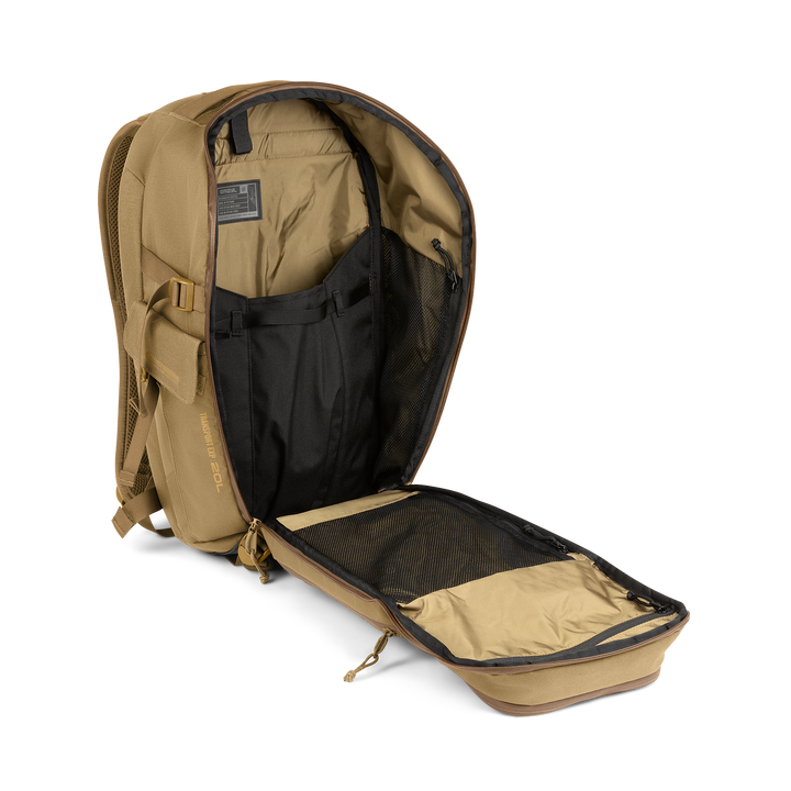 20L Transport Backpack (Coyote Brown) with open compartment showing Coyote interior on a white background / Coyote Brown