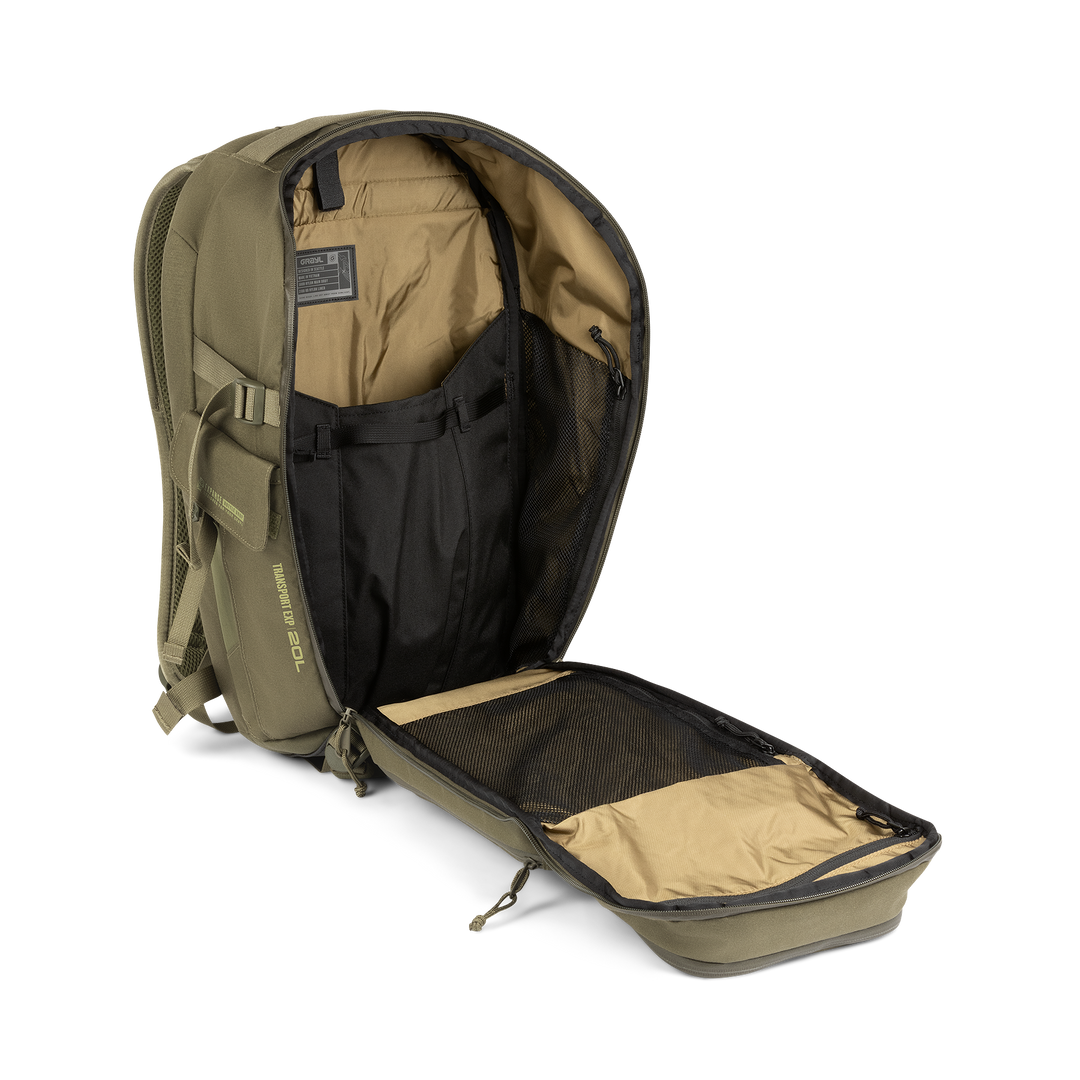 20L Transport Backpack (Olive Drab) with open compartment showing Coyote interior on a white background / Olive Drab