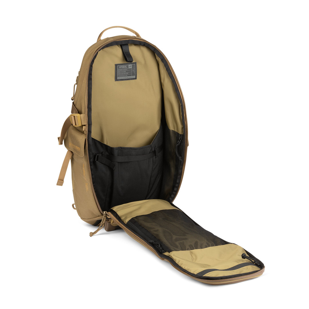18L Transport Sling Daypack (Coyote Brown) with open compartment showing Coyote interior on a white background / Coyote Brown