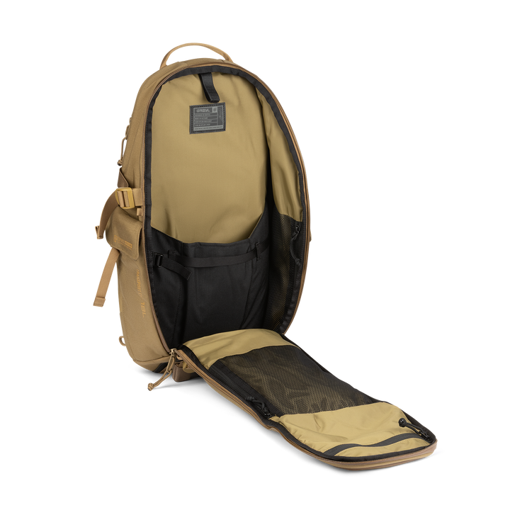 18L Transport Sling Daypack (Coyote Brown) with open compartment showing Coyote interior on a white background / Coyote Brown