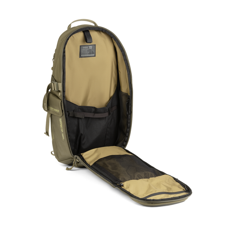 18L Transport Sling Daypack (Olive Drab) with open compartment showing Coyote interior on a white background / Olive Drab