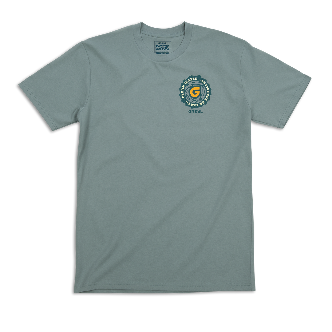 Grayl "Clean Water Anywhere on Earth" Custom Multi-Color Custom Tee Shirt / Front View / Mineral