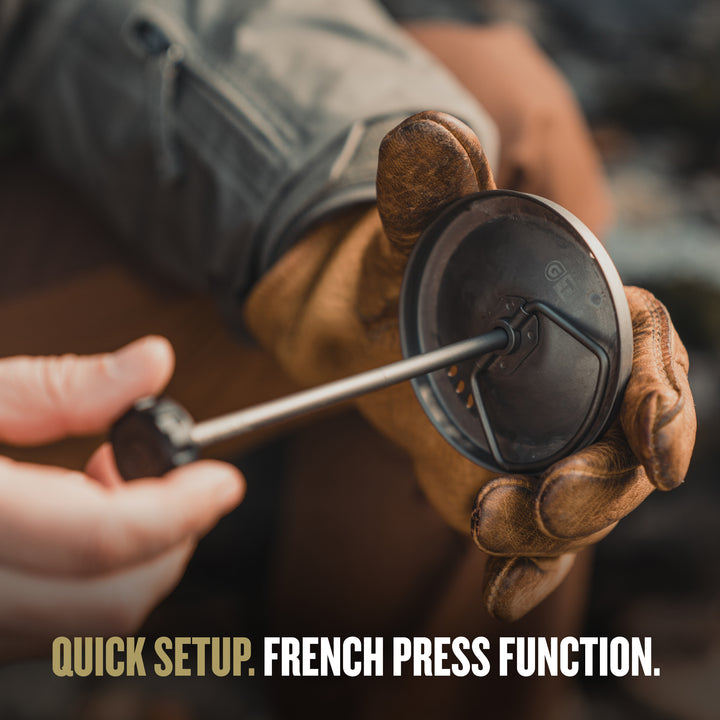 Getting ready to make coffee with a Grayl GeoPress Titanium Coffee Press / PLUS COOK LID (V2) / Natural 