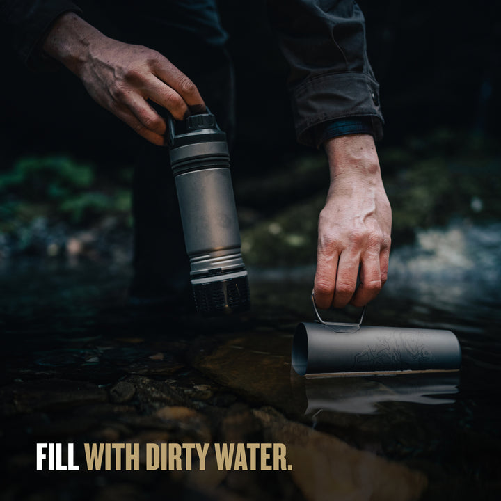 Grayl UltraPress Titanium Filter and Purifier Water Bottle – 16.9 Fluid Ounces / Covert Edition / Fill View / Coyote Brown