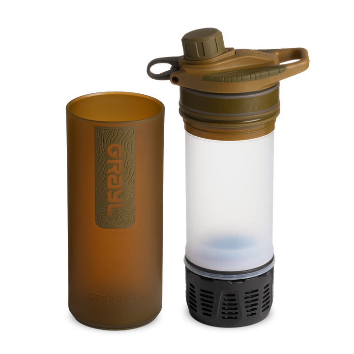 Best top rated Grayl GeoPress Filter and Purifier Water Bottle - 24 Fluid Ounces / Covert Edition / Separated View / Coyote Brown