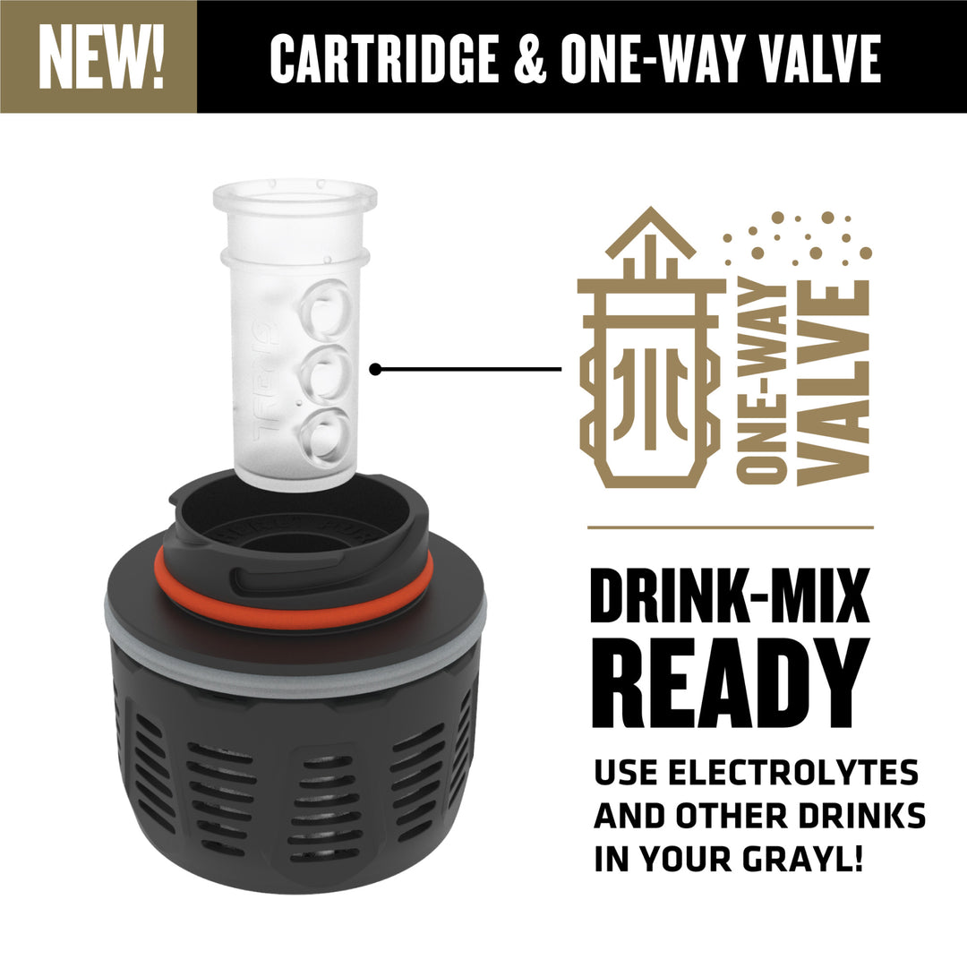 The GeoPress Filter and Purifier Cartridge is equipped with a one-way valve suitable for adding drink-mixes and electrolytes to your Grayl / Standard / Plus Cook Lid / Covert Black / Olive Drab / Coyote Brown