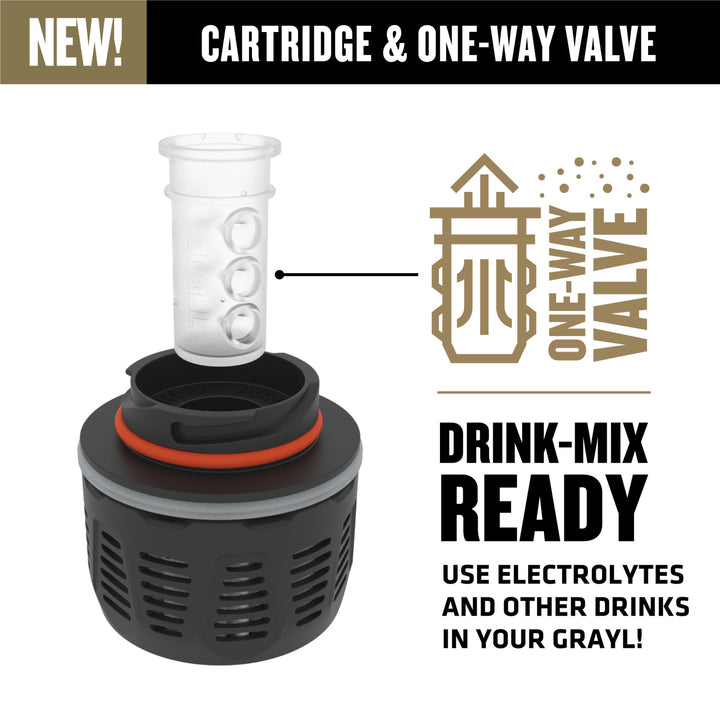 The GeoPress Filter and Purifier Cartridge is equipped with a one-way valve suitable for adding drink-mixes and electrolytes to your Grayl / Standard / Plus Cook Lid / Covert Black / Olive Drab / Coyote Brown