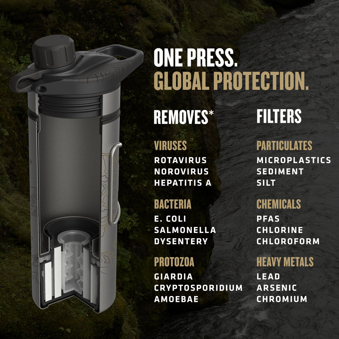 GeoPress® Titanium OnePress® Global Protection. Removes virus, bacteria, protozoa and filters many herbicides, pesticides, particulates, chemicals, heavy metals, and improves taste, odor and color / Standard / Plus Cook Lid / Covert Black / Olive Drab / Coyote Brown