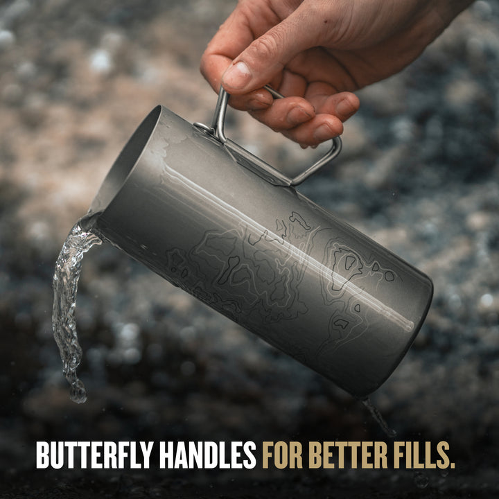 Butterfly handles allow for easy fills with the GeoPress® Titanium Outer Cup / Standard / Plus Cook Lid / Covert Black / Olive Drab / Coyote Brown