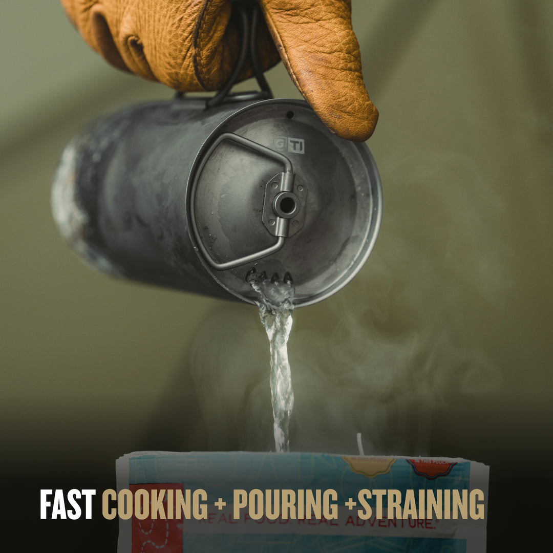 GeoPress® Titanium Pouring Hot Water into Dehydrated Food / Standard / Plus Cook Lid / Covert Black / Olive Drab / Coyote Brown