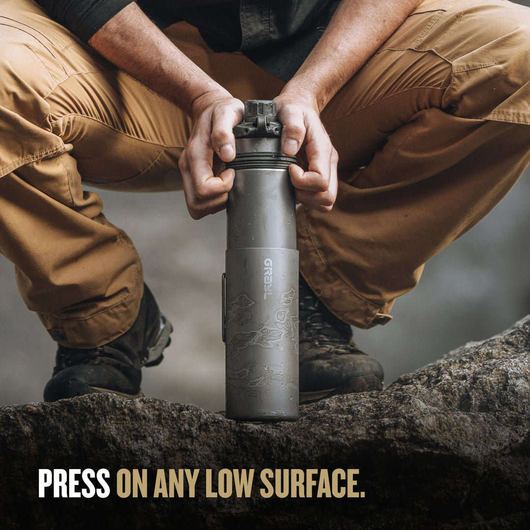 Press GeoPress® Titanium on any low surface / Standard / Plus Cook Lid / Covert Black / Olive Drab / Coyote Brown