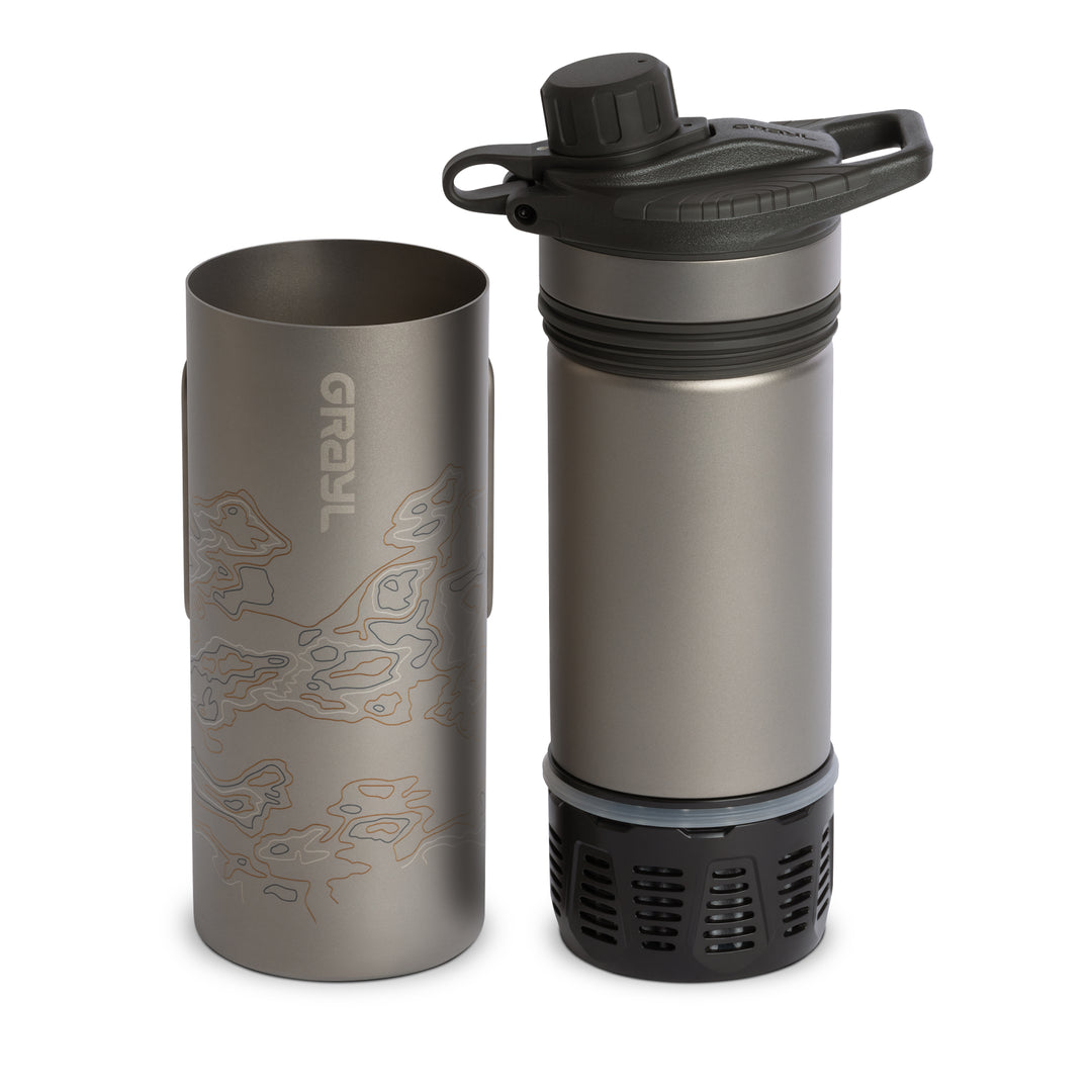 Grayl GeoPress Titanium Filter and Purifier Water Bottle – 24 Fluid Ounces / Separated View / Standard / Covert Black