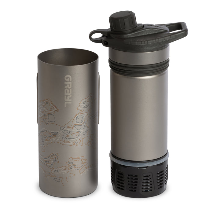 Grayl GeoPress Titanium Filter and Purifier Water Bottle – 24 Fluid Ounces / Separated View / Standard / Covert Black