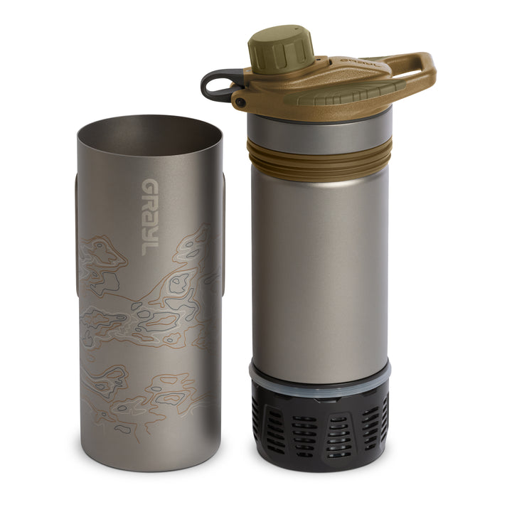 Grayl GeoPress Titanium Filter and Purifier Water Bottle  – 24 Fluid Ounces / Separated View / Standard / Coyote Brown