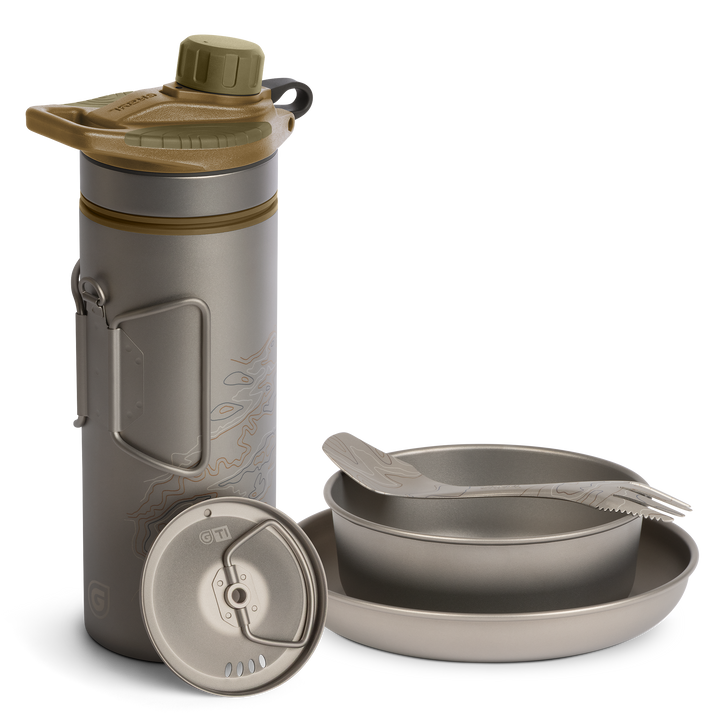 Grayl GeoPress Titanium Filter and Purifier Water Bottle PLUS Strainer Lid – 24 Fluid Ounces &amp; Dining Set/ Cart View / Coyote Brown