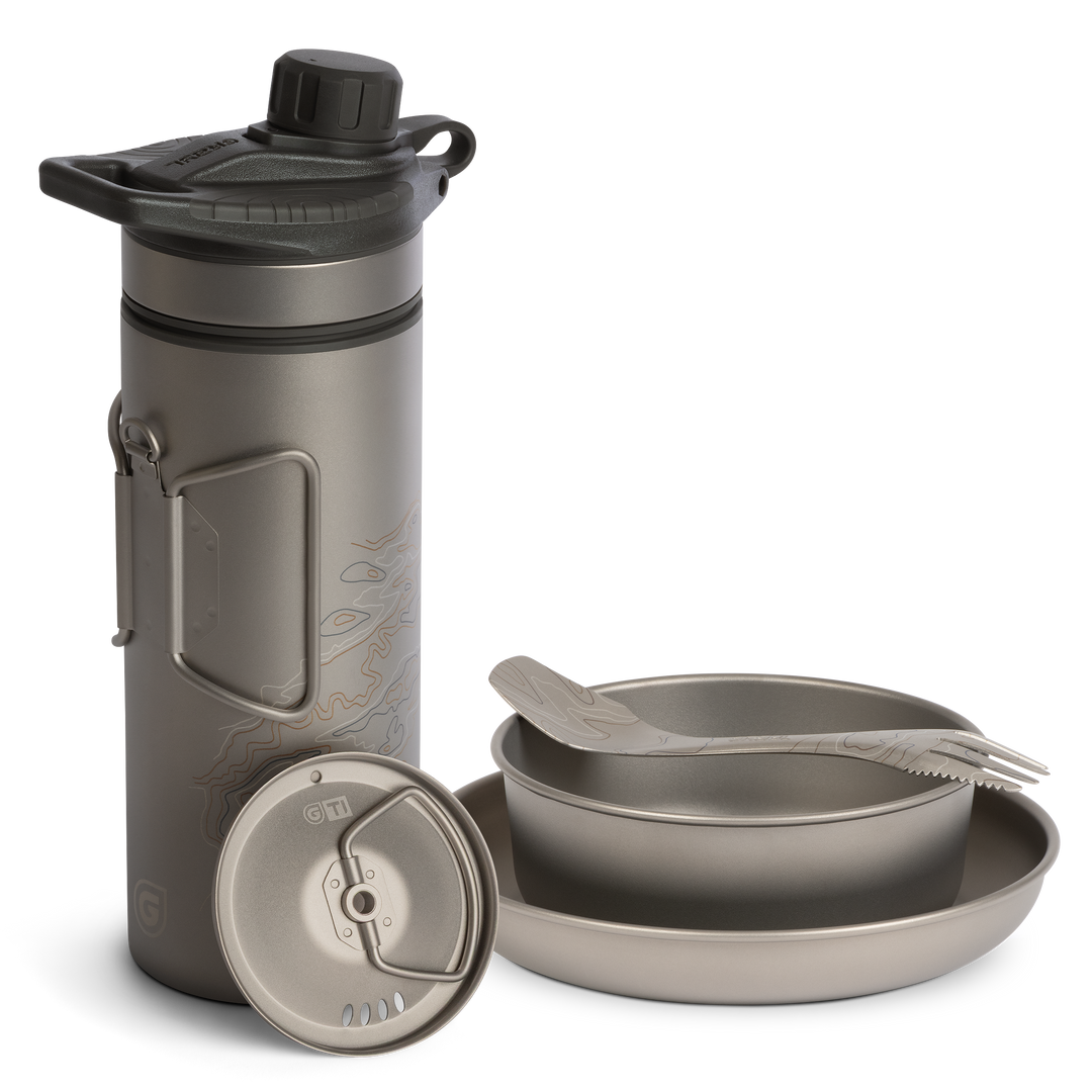 Grayl GeoPress Titanium Filter and Purifier Water Bottle PLUS Strainer Lid – 24 Fluid Ounces & Dining Set/ Cart View / Covert Black