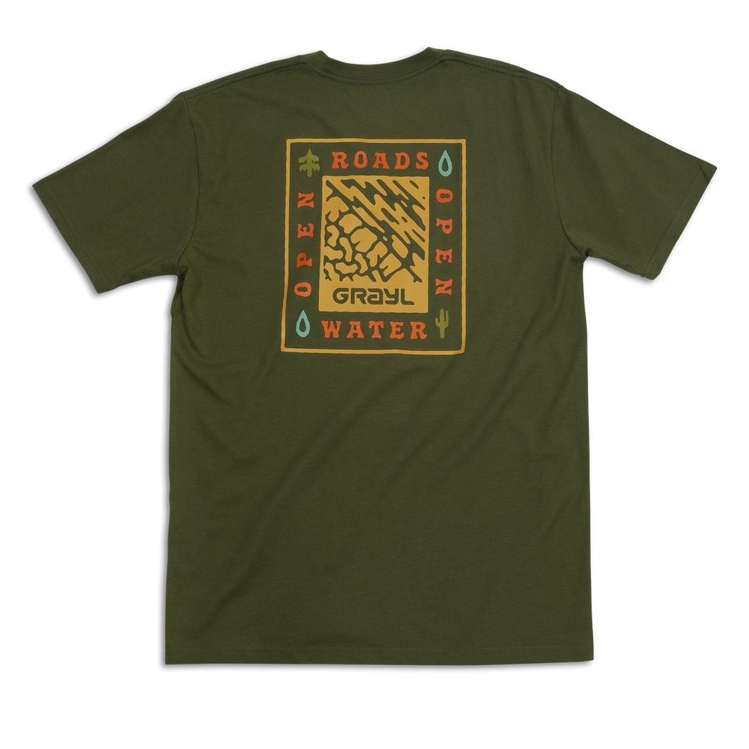 Grayl "Open Roads, Open Water" Custom Multi-Color Custom Tee Shirt / Back View / Army