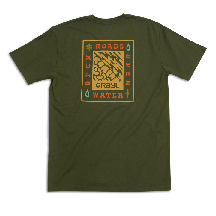 Grayl "Open Roads, Open Water" Custom Multi-Color Custom Tee Shirt / Back View / Army
