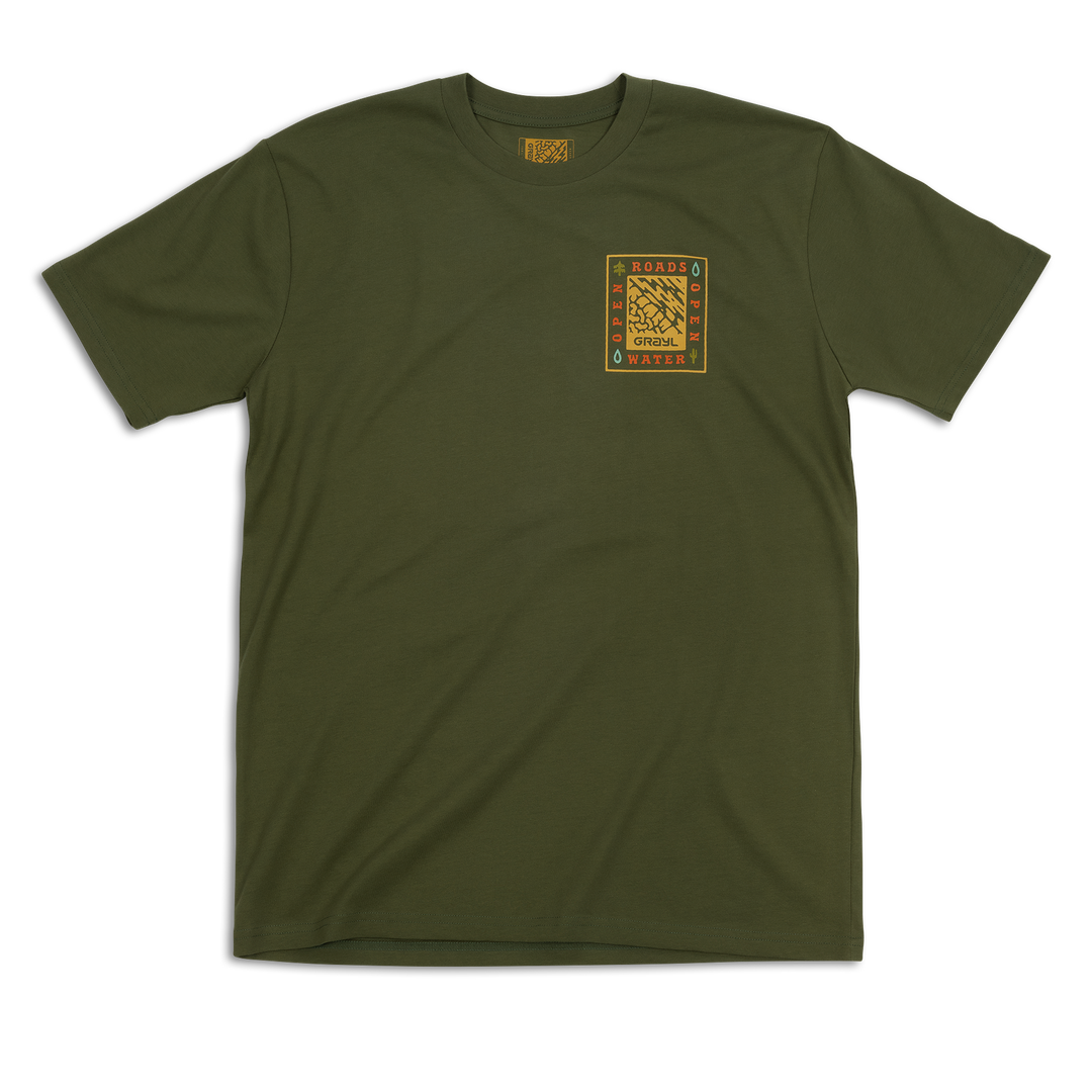 Grayl "Open Roads, Open Water" Custom Multi-Color Custom Tee Shirt / Front View / Army