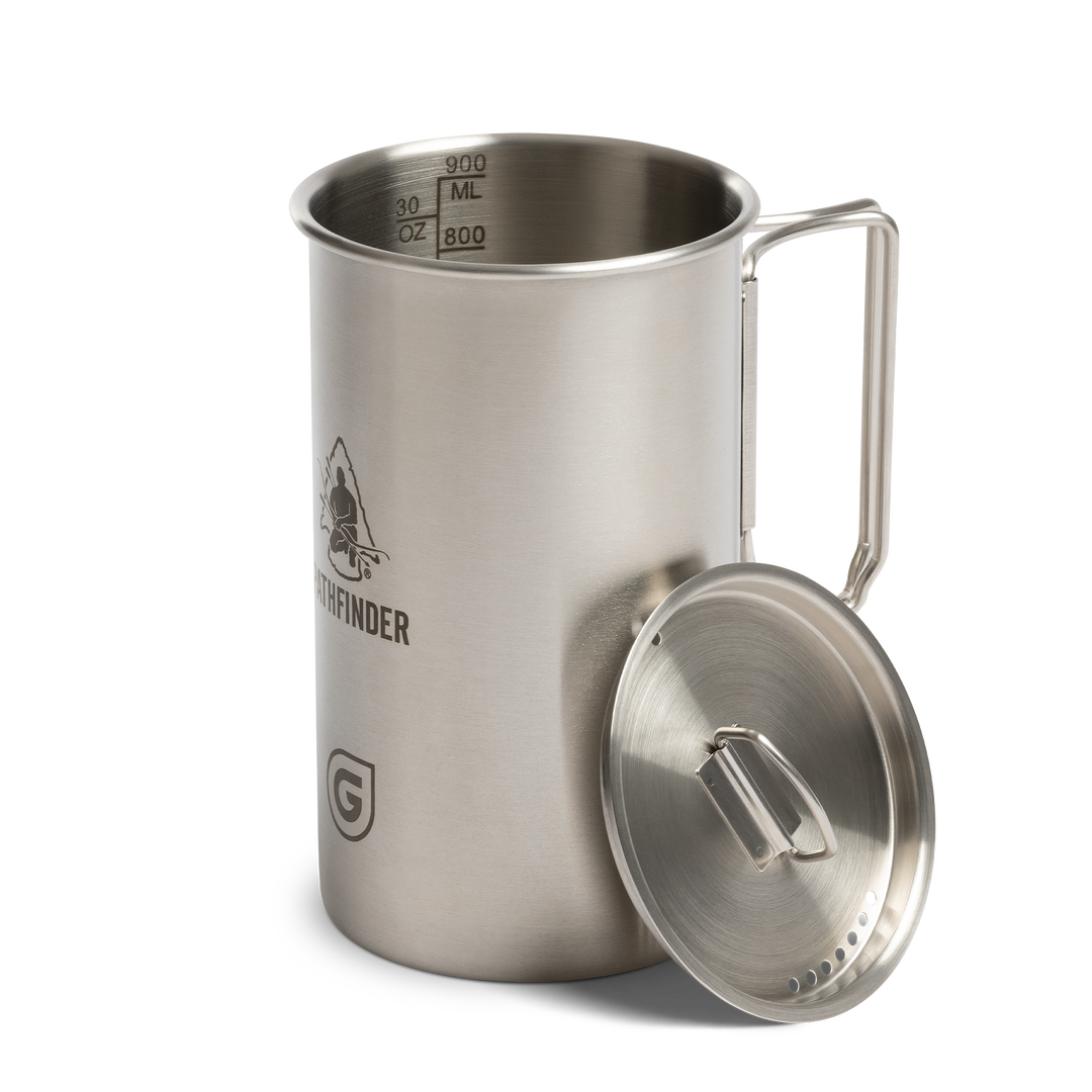 Pathfinder x GRAYL / 30 Ounce GeoPress Stainless Steel Nesting Cup with Heavy Gauge Handles &amp; Measurements / Side View / Covert Black / Olive Drab / Coyote Brown / Peak White