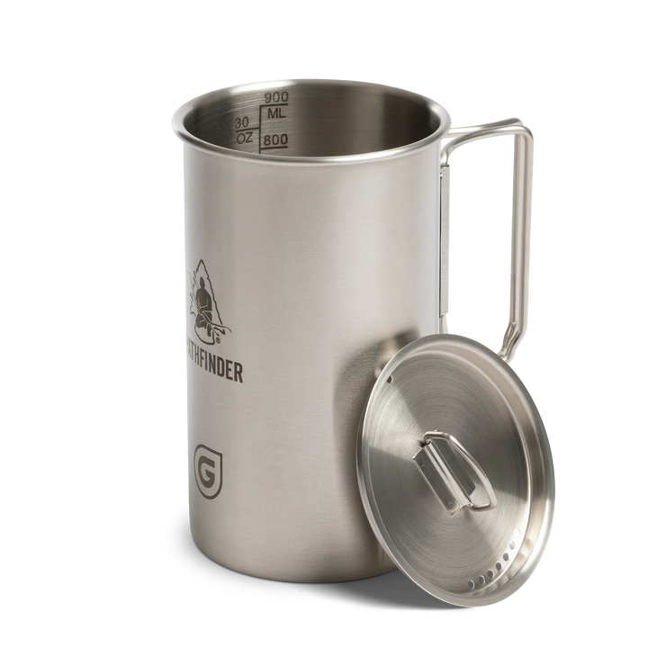 Pathfinder x GRAYL / 30 Ounce GeoPress Stainless Steel Nesting Cup with Heavy Gauge Handles &amp; Measurements / Side View / Covert Black / Olive Drab / Coyote Brown / Peak White