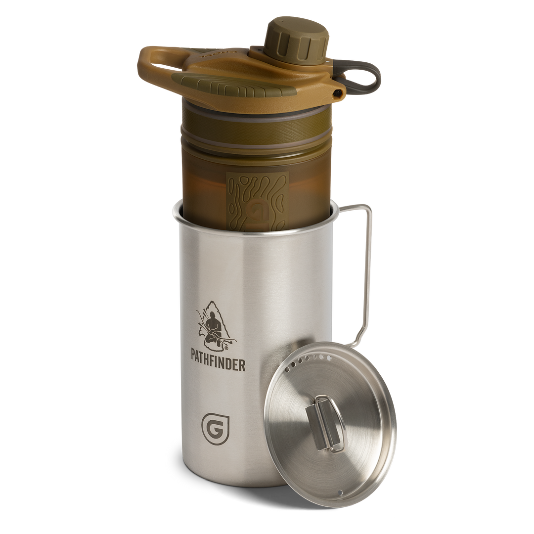 Pathfinder x GRAYL / 30 Ounce GeoPress Stainless Steel Nesting Cup with Nested 24 Ounce GeoPress Filter &amp; Purifier Water Bottle / Coyote Brown