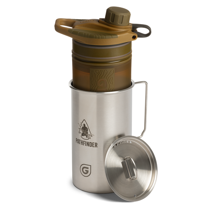 Pathfinder x GRAYL / 30 Ounce GeoPress Stainless Steel Nesting Cup with Nested 24 Ounce GeoPress Filter &amp; Purifier Water Bottle / Coyote Brown