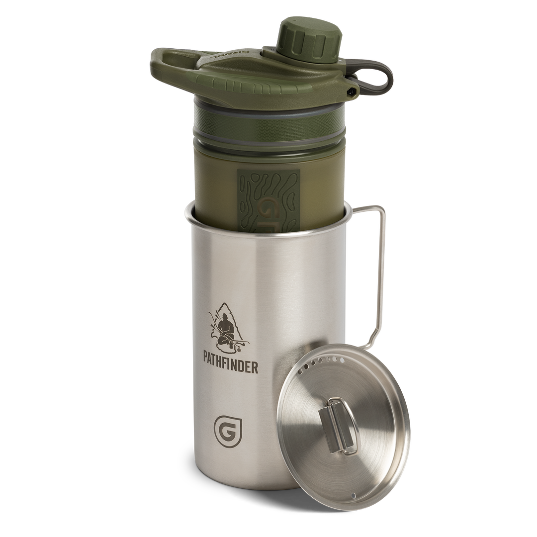 Pathfinder x GRAYL / 30 Ounce GeoPress Stainless Steel Nesting Cup with Nested 24 Ounce GeoPress Filter &amp; Purifier Water Bottle / Olive Drab
