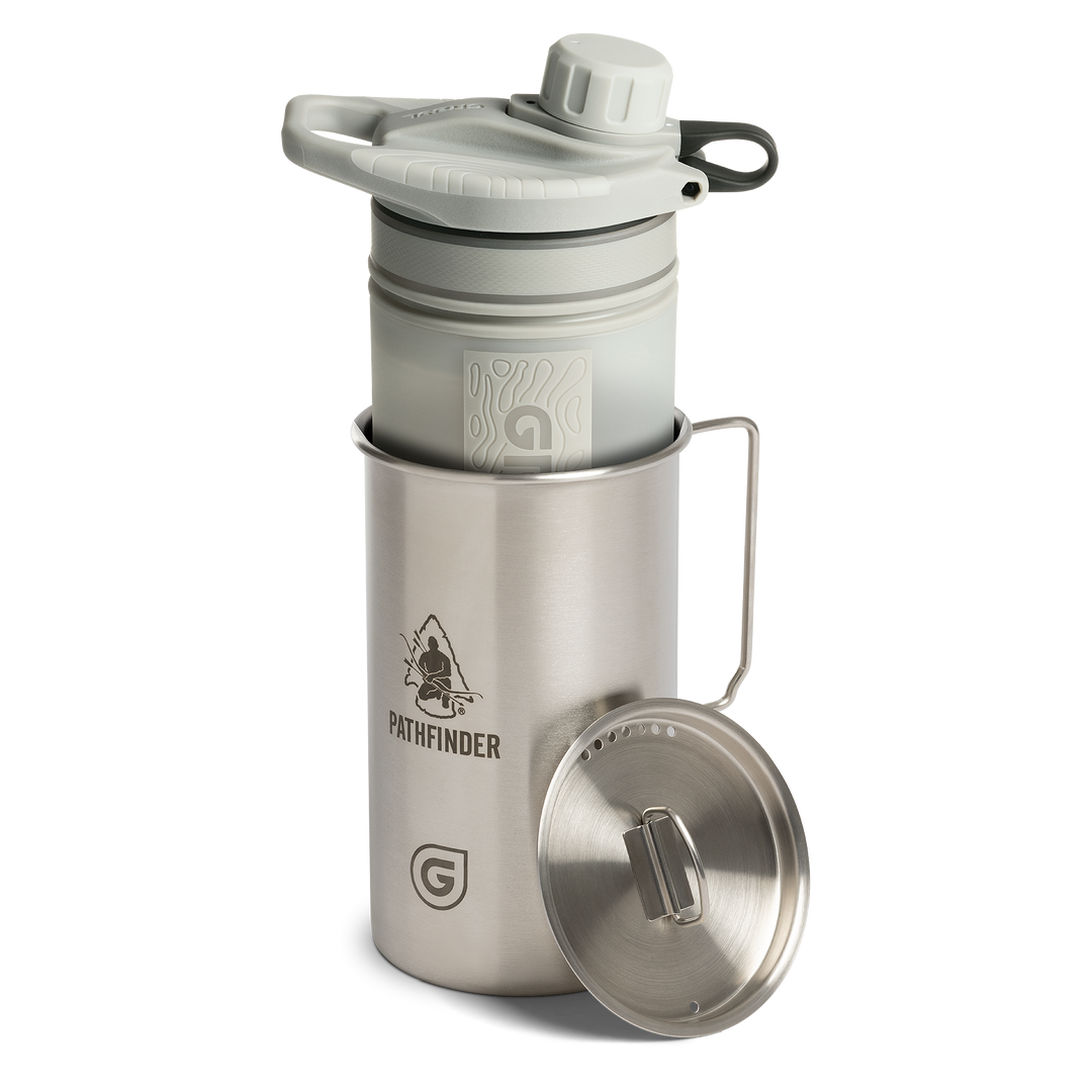 Pathfinder x GRAYL / 30 Ounce GeoPress Stainless Steel Nesting Cup with Nested 24 Ounce GeoPress Filter &amp; Purifier Water Bottle / Peak White
