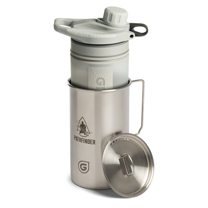 Pathfinder x GRAYL / 30 Ounce GeoPress Stainless Steel Nesting Cup with Nested 24 Ounce GeoPress Filter &amp; Purifier Water Bottle / Peak White