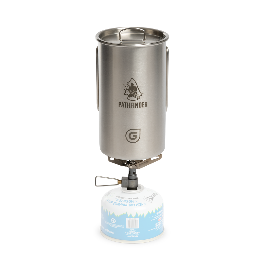 Pathfinder x GRAYL / 30 Ounce GeoPress Stainless Steel Nesting Cup and D-Ring Lid / Ultralight Titanium Stove / Front View / Covert Black / Olive Drab / Coyote Brown / Peak White